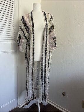 Loft Striped Floral Sheer Long Lightweight Duster Puff Sleeve Womens Medium